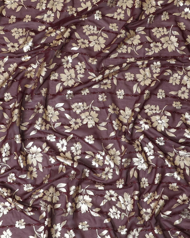 Plum  synthetic georgette fabric with same tone embroidery, gold sequins having gold foil print in floral design-D12233 Regal Fabrics