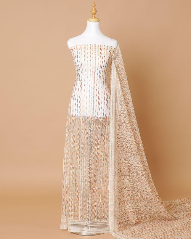 Beige Premium Wedding French chantilly lace fabric with copper metallic stripe design-D8365