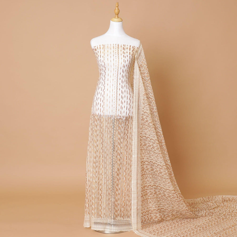 Beige Premium Wedding French chantilly lace fabric with copper metallic stripe design-D8365