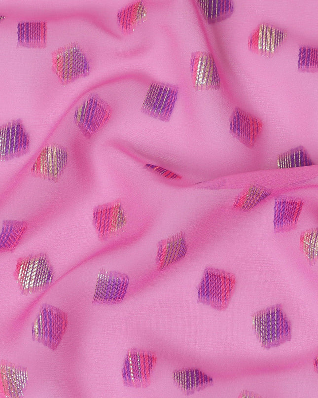 Hot pink premium pure French (Fransawi) silk chiffon fabric with same tone, purple viscose having gold and silver metallic lurex in abstract design-D14230