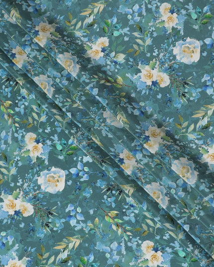 Teal blue viscose crepe fabric with multicolor print in floral design-D13813 Regal Fabrics