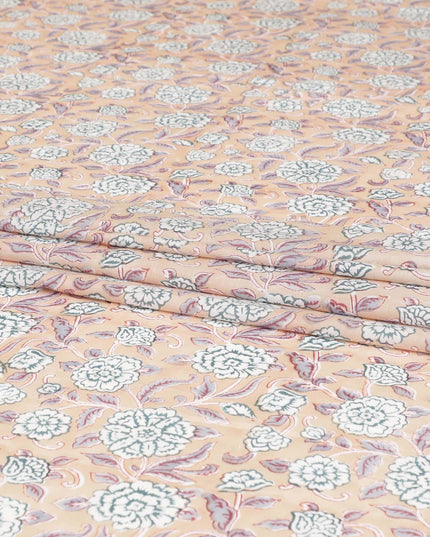 Latte beige cotton lawn fabric with off white, grey and sea green print in floral design-D8442