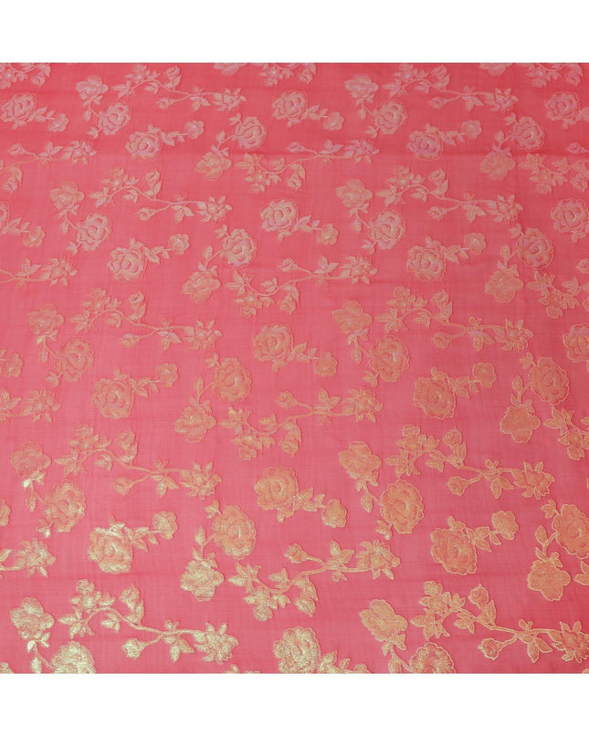 قماش شيفون من الحرير الخالص باللون الأحمر القرمزي مع لوركس معدني أخضر نيون بتصميم زهور-D12418