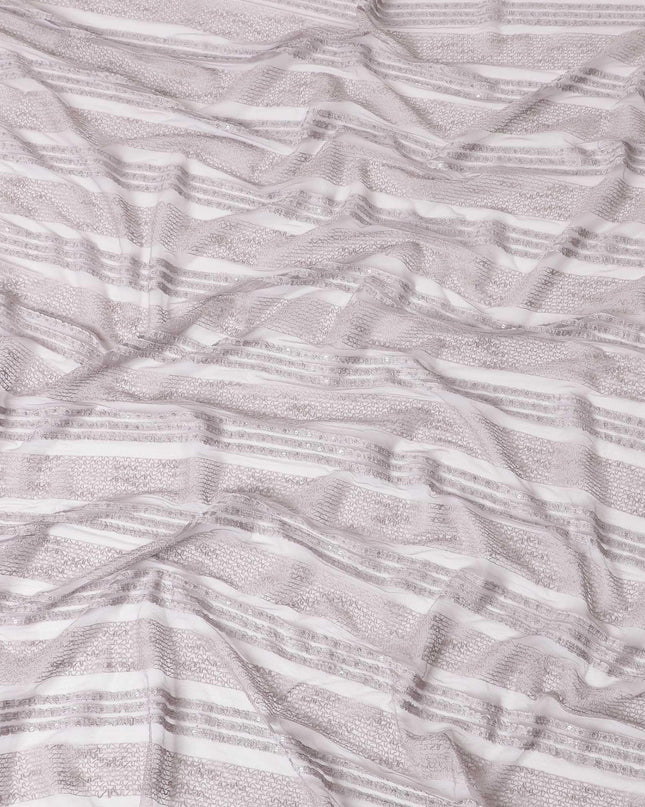 قماش تول نايلون بني من خشب بورليوود مع تطريز وترتر بنفس اللون بتصميم مخطط - D6665