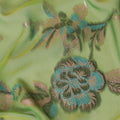 Paris green premium pure silk chiffon fabric with same tone, copper and blue metallic lurex in floral design-D13727