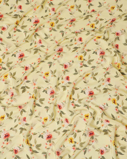Banana yellow Premium pure silk crepe fabric with multicolor print in floral design-D13862