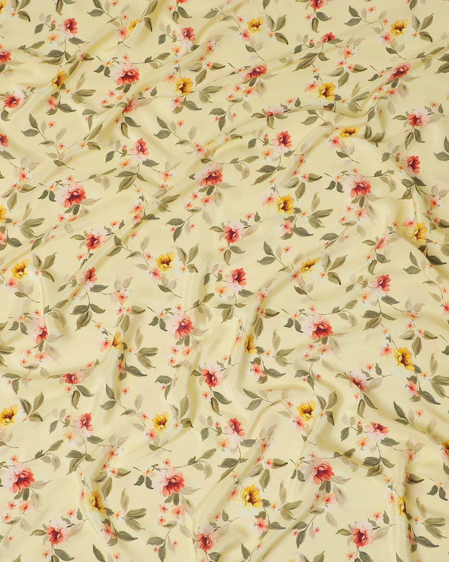 Banana yellow Premium pure silk crepe fabric with multicolor print in floral design-D13862