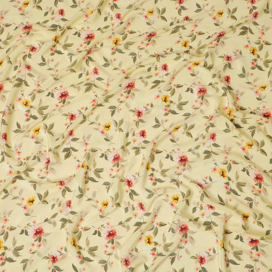 Banana yellow Premium pure silk crepe fabric with multicolor print in floral design-D13862