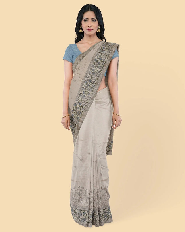 Mushroom gray synthetic chiffon saree with multicolor embroidery in floral design. Powder blue color blouse piece-D12755 Regal Fabrics