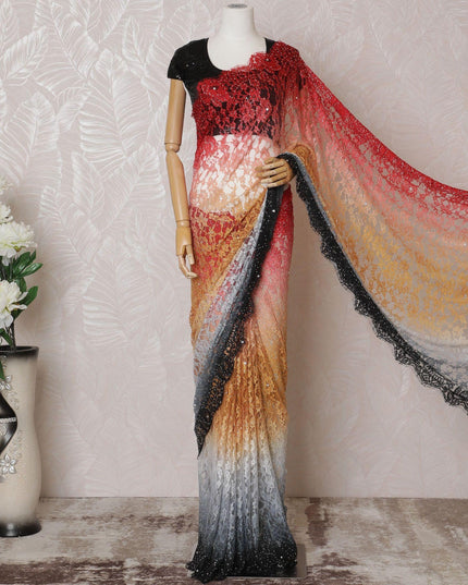 Multicolor Premium pure French chantilly saree lace having stone work in floral design-D14601 Regal Fabrics