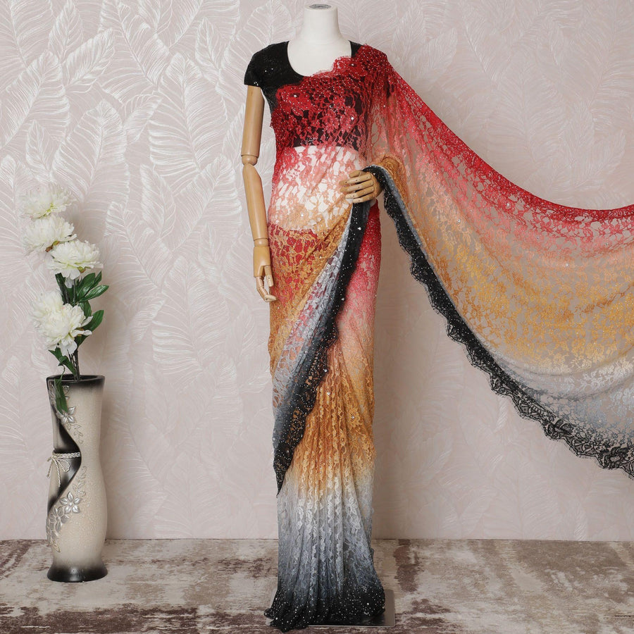 Multicolor Premium pure French chantilly saree lace having stone work in floral design-D14601 Regal Fabrics
