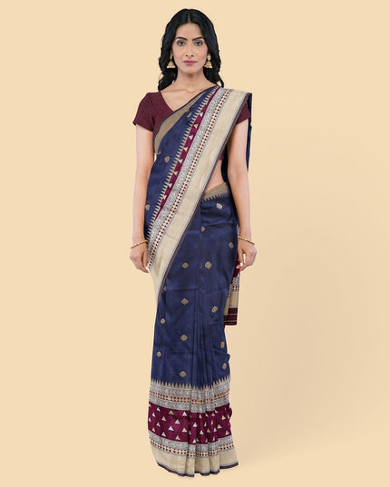 ساري حريري مقلد باللون الأزرق الداكن مع جاكار ذهبي بتصميم زهور-12778