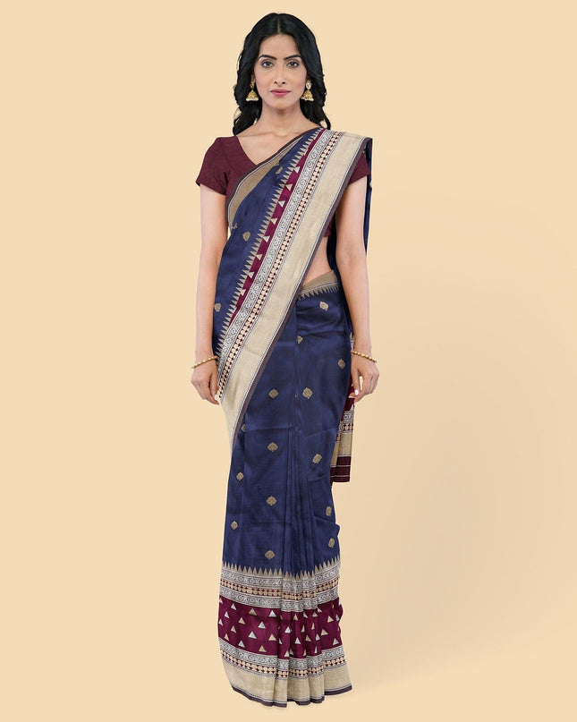 ساري حريري مقلد باللون الأزرق الداكن مع جاكار ذهبي بتصميم زهور-12778