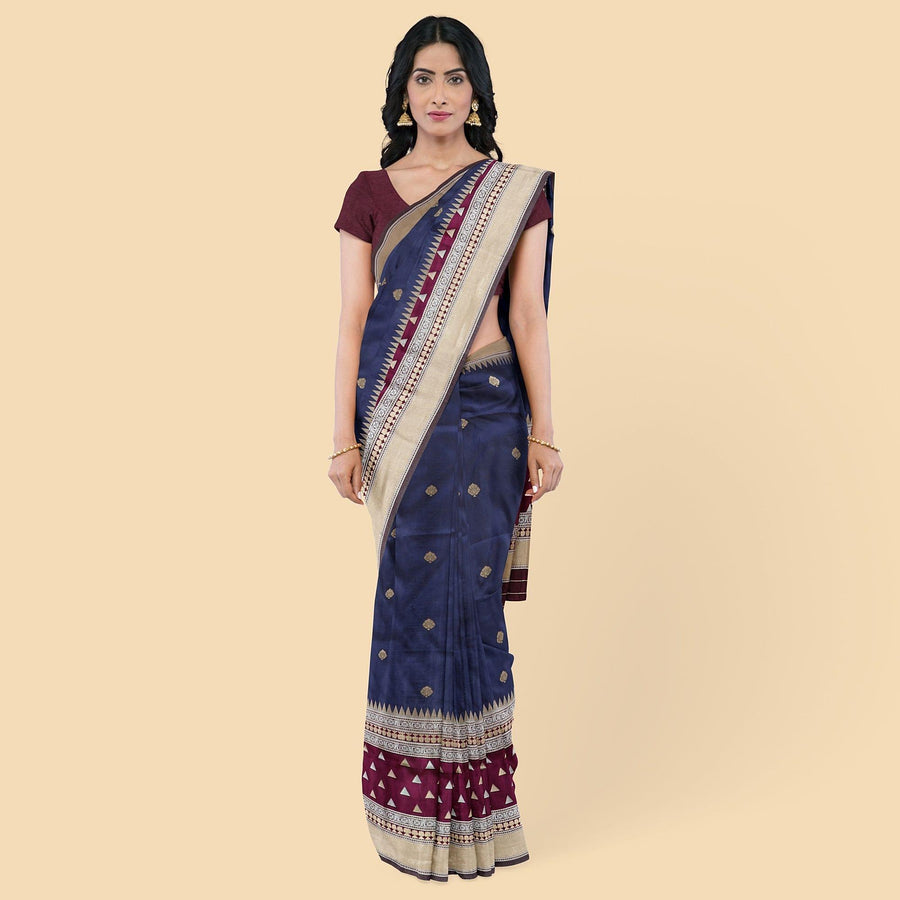 ساري حريري مقلد باللون الأزرق الداكن مع جاكار ذهبي بتصميم زهور-12778