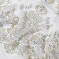 Cloud grey nylon tulle fabric with silver and light gold embroidery having stone work in floral design-D11680