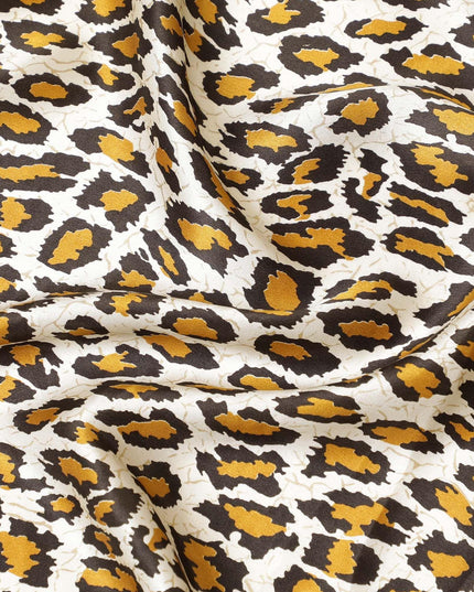 Beige premium 100% pure silk satin fabric with mustard, olive green and black print in animal skin design-D9287