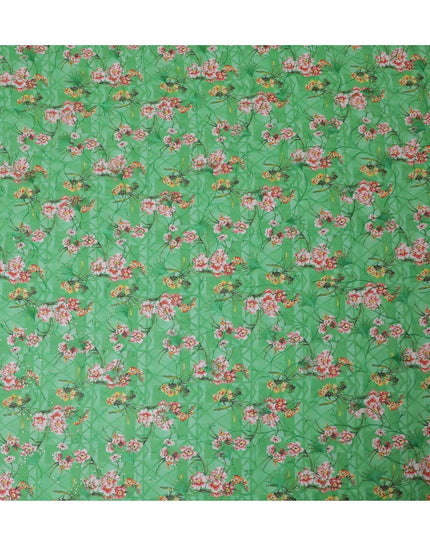 Kelly green Premium pure cotton voile fabric with multicolor print having embroidery and sequins in floral design-D13245