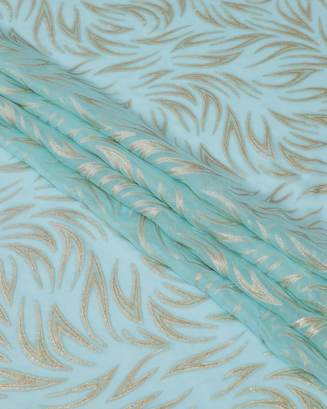 Baby blue Premium pure silk chiffon fabric with gold metallic lurex in fancy design-D13277