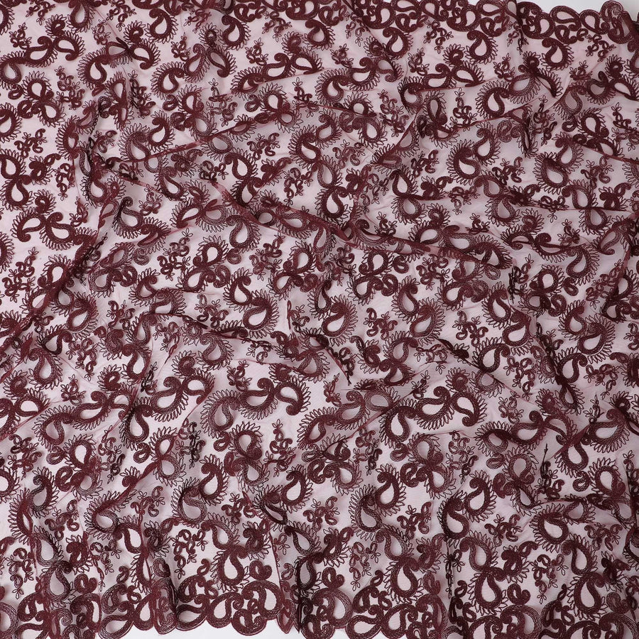 Maroon nylon tulle fabric with same tone embroidery in paisley design-D11685