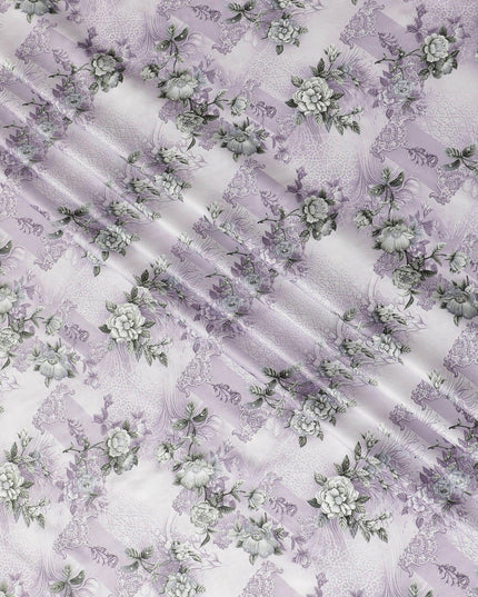 Off white synthetic crepe fabric with light lilac and turquoise green print having stone work in floral design-D15306 - Regal Fabrics