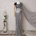 Stone grey Premium pure French chantilly lace saree having stone work in floral design-D14596