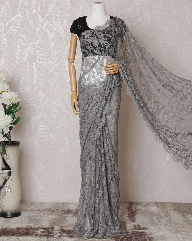 Stone grey Premium pure French chantilly lace saree having stone work in floral design-D14596