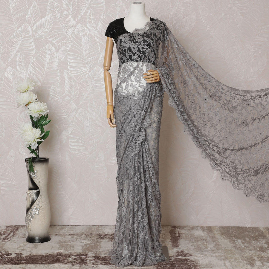 Stone grey Premium pure French chantilly lace saree having stone work in floral design-D14596