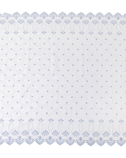 White premium Swiss cotton voile fabric with same tone and baby blue embroidery having stone work in fancy design-D10370