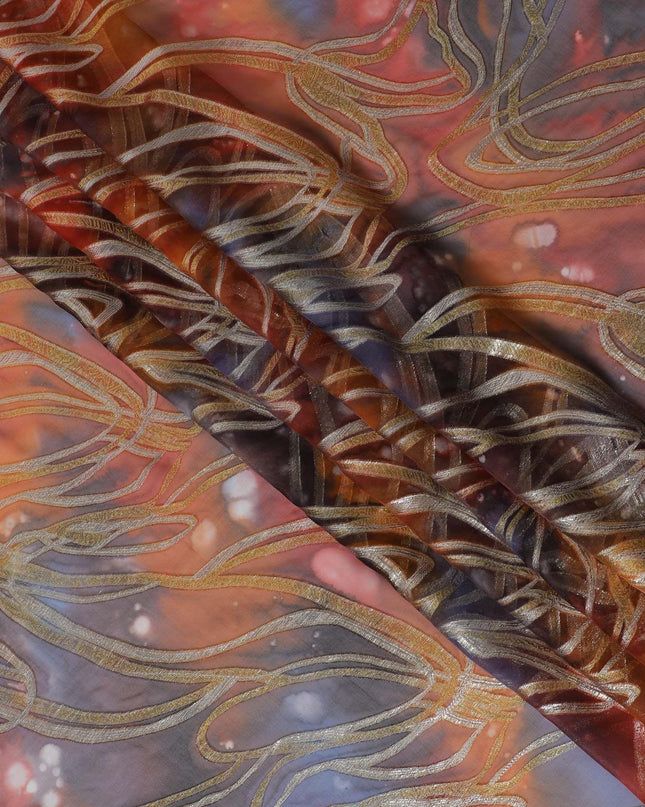 قماش شيفون من الحرير الخالص متعدد الألوان مع لوريكس معدني ذهبي بتصميم تجريدي-D14103