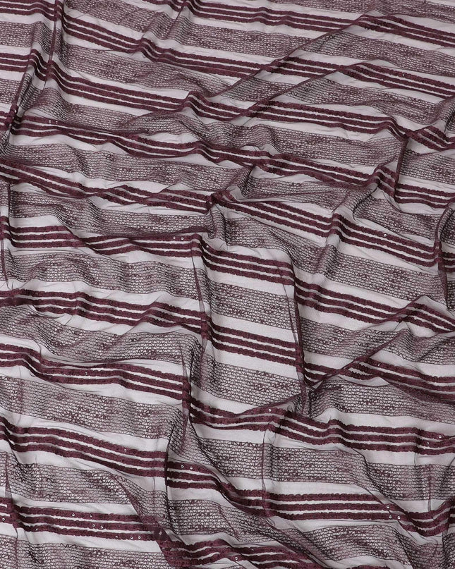Syrup brown nylon tulle fabric with same tone embroidery and sequins in stripe design-D6669 Regal Fabrics