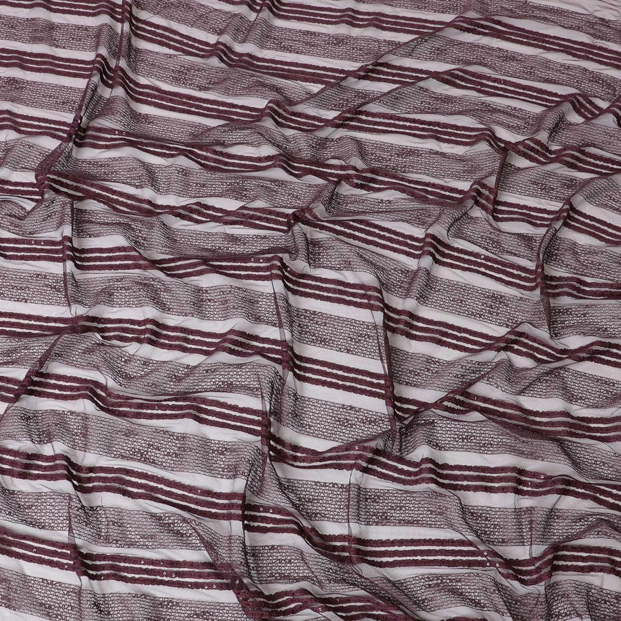 قماش تول نايلون بني شراب مع تطريز وترتر بنفس اللون بتصميم مخطط - D6669