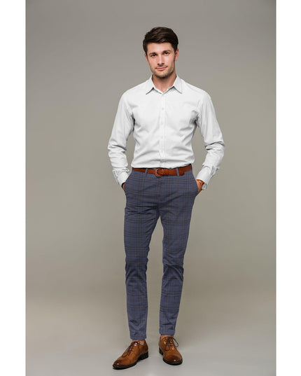 Indigo blue Premium Super 130's Italian blended wool suiting fabric with brown checks design-D10818