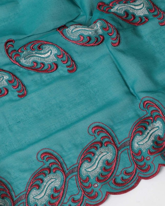 قماش فوال من القطن السويسري باللون الأخضر البحري مع تطريز معدني باللون الأحمر والبيج ومتعدد الألوان بتصميم الأزهار-D6320