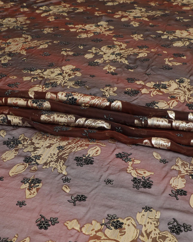 Barn red, black pure silk chiffon fabric with gold metallic lurex having black flock and glitter in floral design-D8239