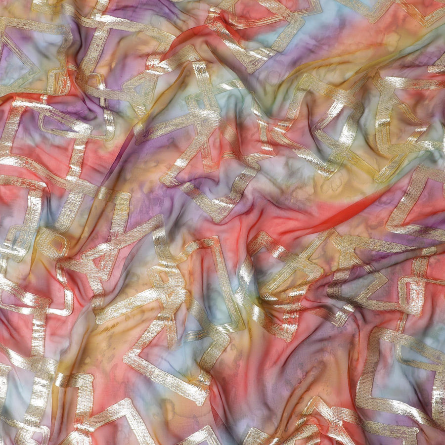 شيفون من الحرير الخالص متعدد الألوان مع لوريكس معدني ذهبي بتصميم تجريدي -D11374