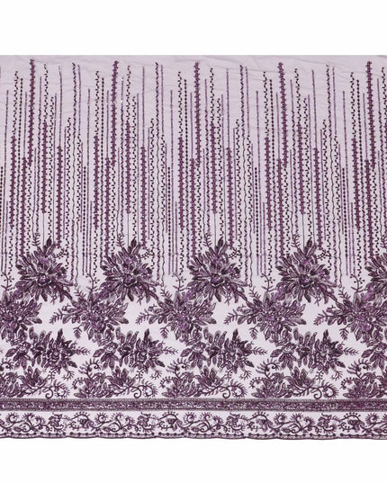 Dark Mauve purple nylon tulle fabric with same tone embroidery having sequins in fancy design -D6682