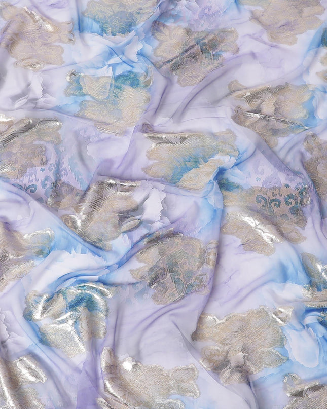 Maya blue synthetic chiffon fabric with same tone and lavender print having gold metallic lurex in floral design-D7004