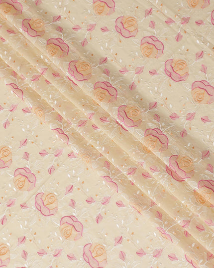 Light gold Premium pure cotton voile fabric with peach, magenta pink and beige embroidery in floral design-D15254