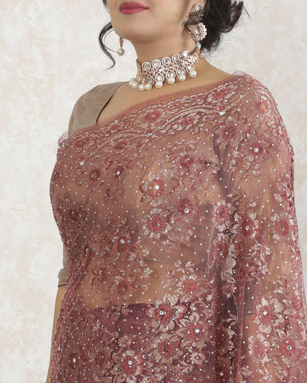 نحاس بورجوندي، دانتيل الساري الفرنسي شانتيلي المعدني النقي الذهبي الفاخر مع عمل حجري بتصميم الأزهار-D13514