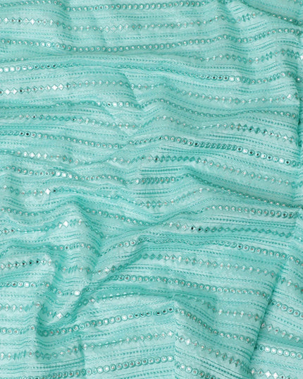 Turquoise blue premium silk brocade fabric with same tone embroidery having mirror work in fancy design-D12460 Regal Fabrics