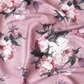 Brick pink synthetic satin fabric with off white, bottle green and beige print in floral design-D10273