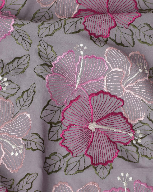 Light lavender Premium pure cotton voile fabric with magenta pink, oliv egreen, light pink and beige embroidery in floral design-D15249