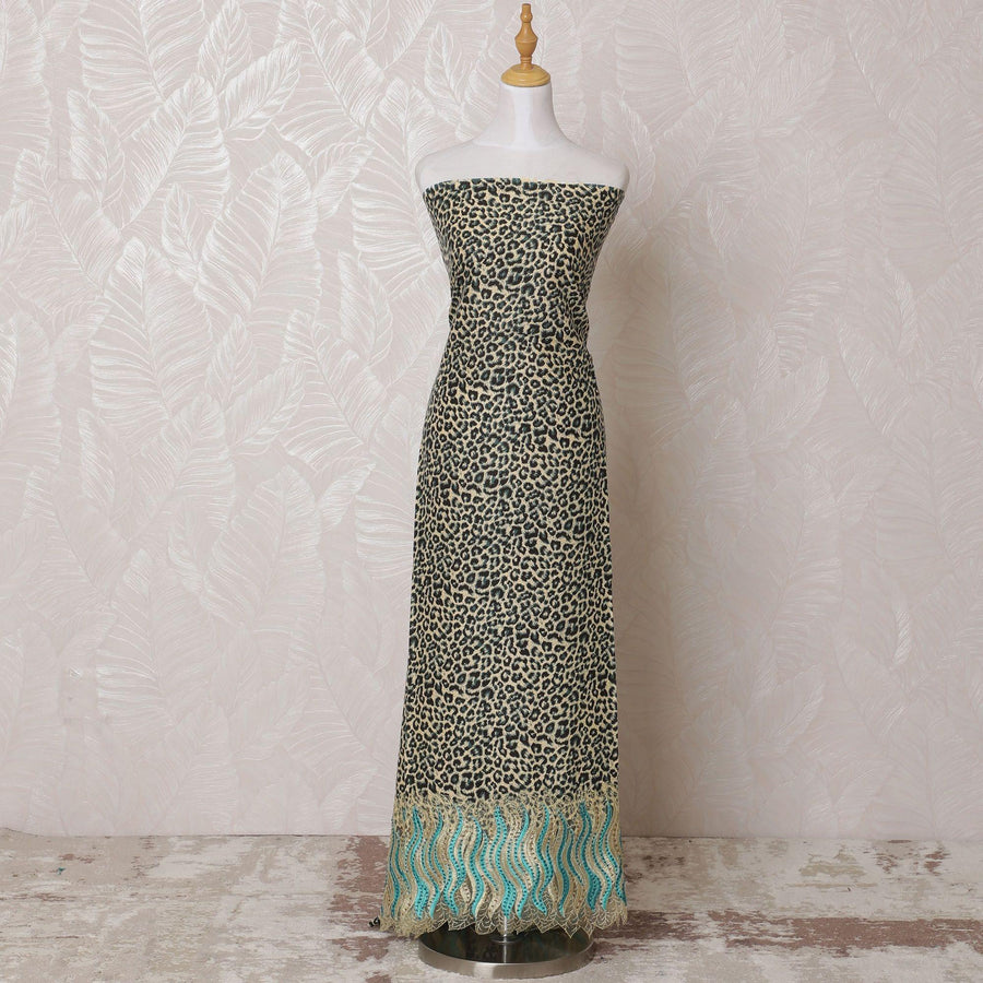 Beige blended cotton fabric with gold, turquoise blue embroidery having stone work in fancy design-D14730