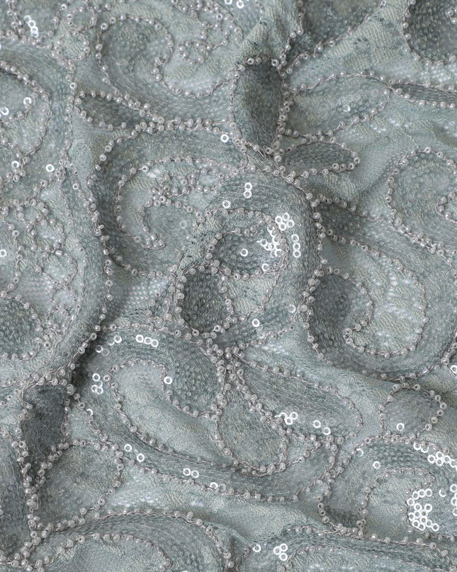 Artichoke green lace fabric with same tone, off white embroidery in fancy design-D11748