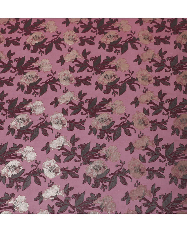 قماش شيفون حريري فرنسي (فرنساوي) فاخر باللون العنابي مع فيسكوز رمادي مع لوريكس معدني ذهبي بتصميم زهور -D15636