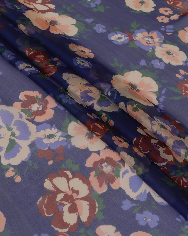 قماش شيفون من الحرير الخالص باللون الأزرق الملكي مع طباعة متعددة الألوان بتصميم الأزهار-D13229