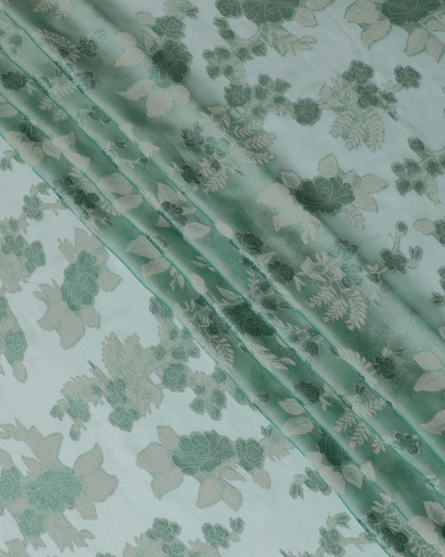 قماش من الشيفون الحريري الفرنسي (الفرنساوي) الفاخر باللون الأخضر الباستيل مع الفيسكوز الأخضر المريمي مع اللوريكس الأخضر بتصميم الأزهار -D14063