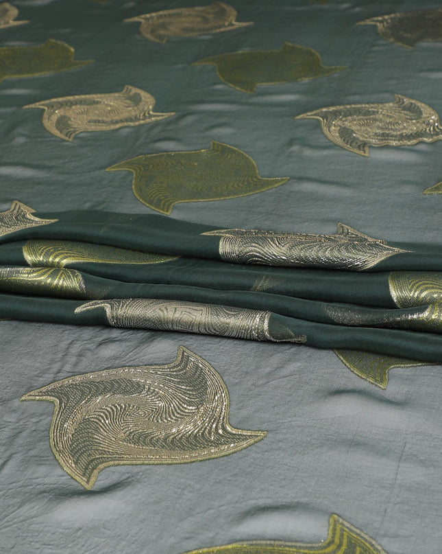 قماش شيفون من الحرير الخالص باللون الأخضر مع فيسكوز أخضر نيون ولوريكس معدني ذهبي بتصميم تجريدي-D8788