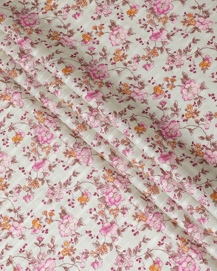 Mint green cotton satin fabric with pink, peach and brown print in floral design-D15287 - Regal Fabrics