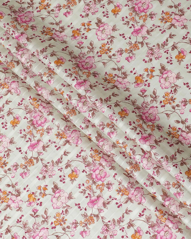 Mint green cotton satin fabric with pink, peach and brown print in floral design-D15287 Regal Fabrics